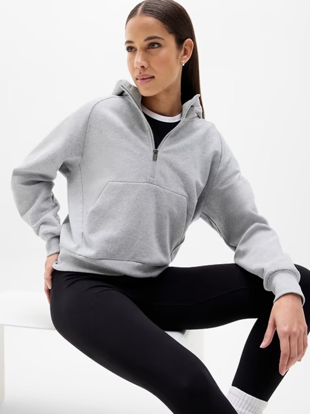 Athleta Forever Fleece 1/2 Zip Hoodie Pullover Gray